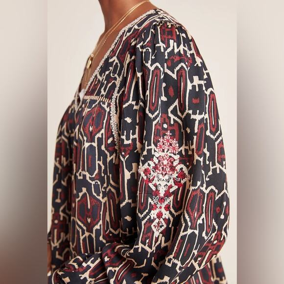 Anthropologie Maeve Veda Printed Embroidered Peasant Blouse Size XXS Petite - Picture 2 of 8